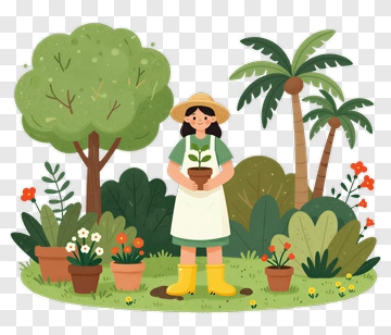 Gardener Holding A Plant In A Lush Garden PNG