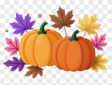Pumpkins Surrounded By Colorful Autumn Leaves PNG