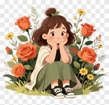 Girl Sitting Among Colorful Roses PNG