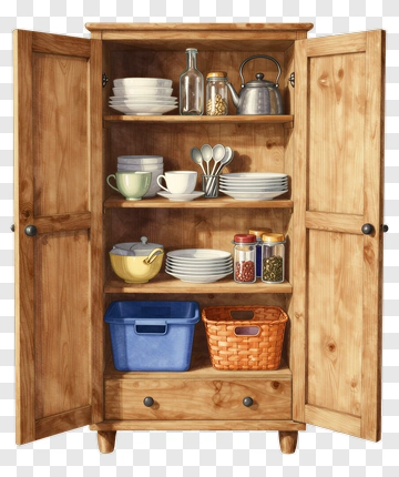Wooden Cupboard Filled With Kitchenware PNG