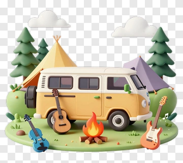 Camping Van With Guitars And Campfire PNG