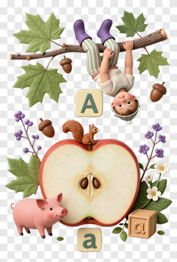 Child Hanging From A Tree Branch With Apple And Pig PNG