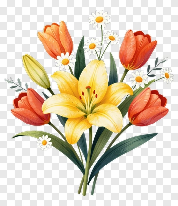Colorful Flower Bouquet With Tulips And Lilies PNG