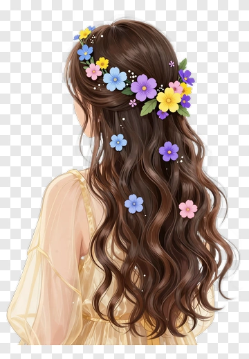 Woman With Long Hair Adorned With Colorful Flowers PNG