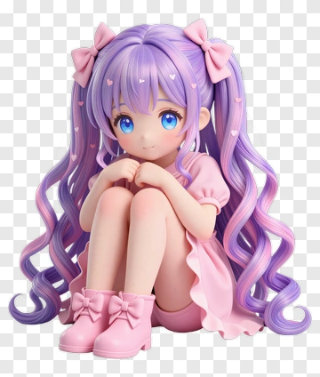 3D Kawaii Girl Sitting With Pink Hair And Dress PNG