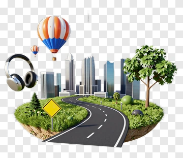 3D Cityscape With Road And Hot Air Balloons PNG