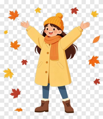 Cartoon Girl Celebrating In Autumn Leaves PNG