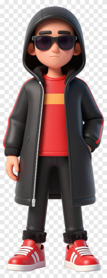 3D Cartoon Character In Black Hoodie And Sunglasses PNG