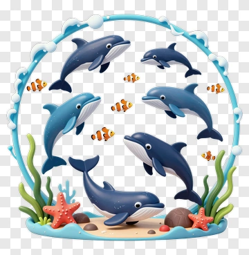 Cartoon Dolphins Swimming In A Colorful Underwater Scene PNG