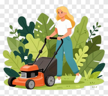 Woman Mowing Lawn With A Lawn Mower PNG