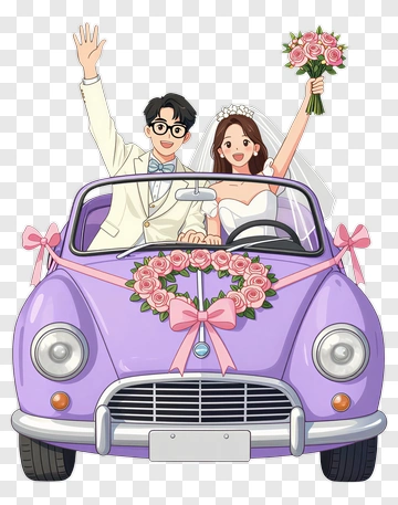 Happy Wedding Couple In A Purple Car PNG