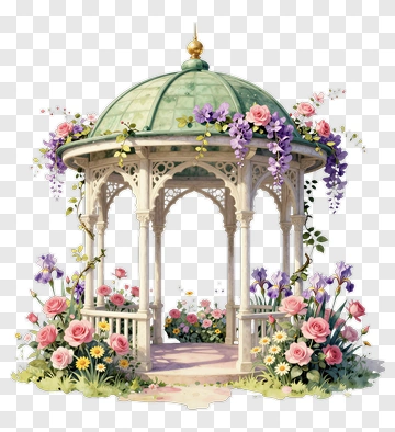 Floral Gazebo Surrounded By Colorful Flowers PNG