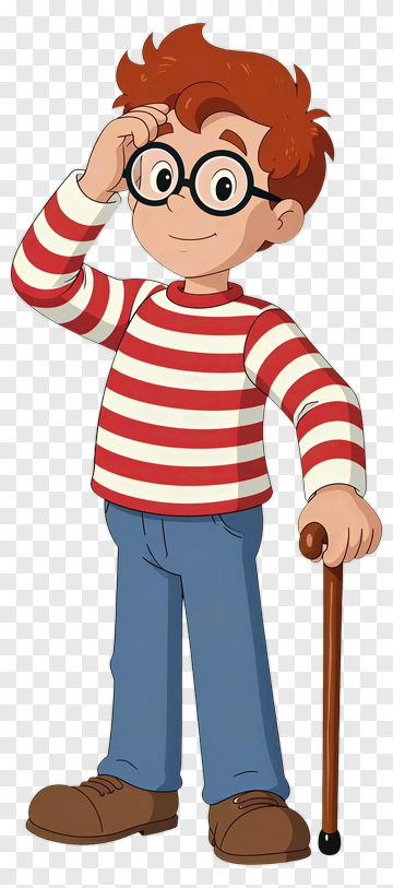 Cartoon Boy With Glasses And Cane PNG