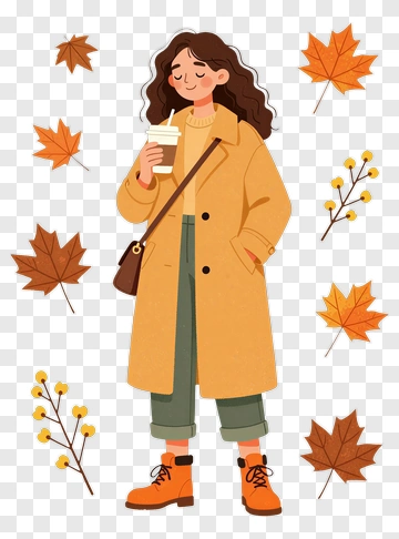 Cartoon Woman Holding A Drink Surrounded By Autumn Leaves PNG