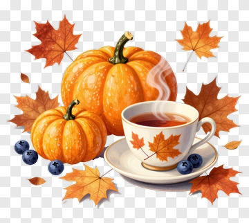 Autumn Pumpkin And Tea With Maple Leaves PNG