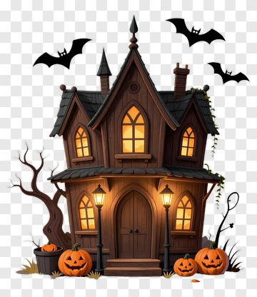 Halloween Haunted House With Pumpkins And Bats PNG