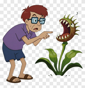 Cartoon Man Pointing At A Carnivorous Plant PNG