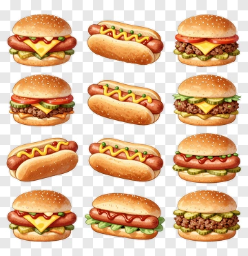 Variety Of Burgers And Hot Dogs PNG