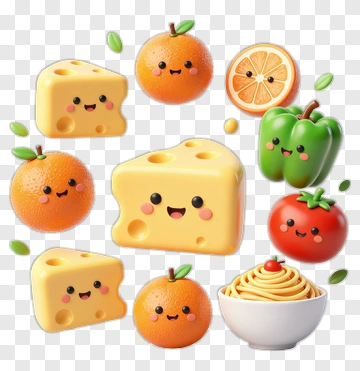 Cute Cartoon Food Characters Including Cheese And Fruits PNG