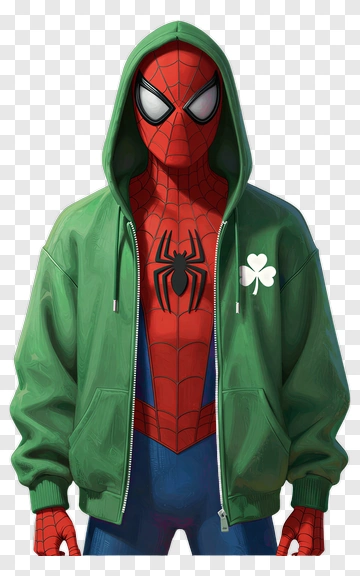 Spider-Man In A Green Hoodie With A Shamrock PNG