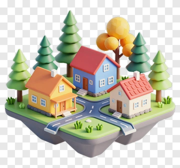Colorful 3D House Cluster In A Tree Landscape PNG