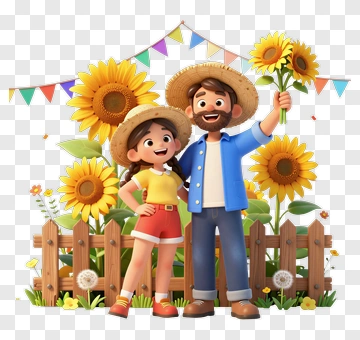 Happy Farmer Couple With Sunflowers PNG