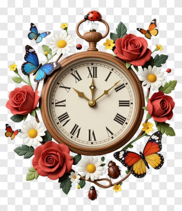 Vintage Clock Surrounded By Flowers And Butterflies PNG