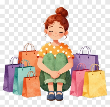 Happy Girl Sitting Among Colorful Shopping Bags PNG