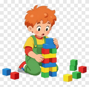 Cartoon Boy Building A Tower With Colorful Blocks PNG
