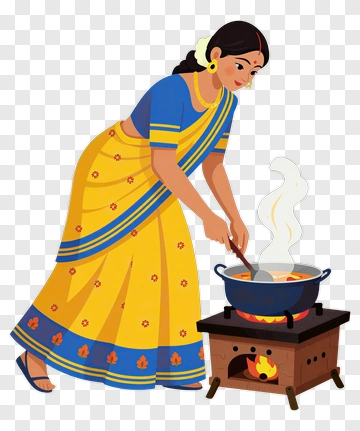 Woman Cooking In Traditional Indian Attire PNG