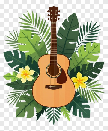 Acoustic Guitar Surrounded By Tropical Leaves And Flowers PNG