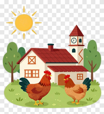 Farmhouse With Chickens And Sun PNG