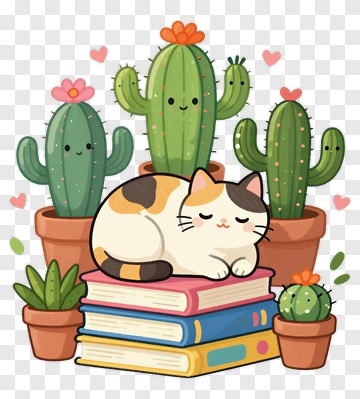 Cartoon Cat Sitting On A Stack Of Books With Cacti PNG