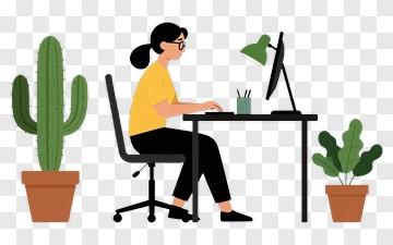 Woman Working At A Desk With Plants PNG