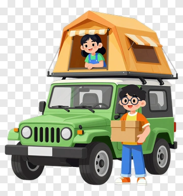 Cartoon Kids With Camping Jeep And Tent PNG