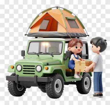 3D Family Camping In A Green Jeep PNG
