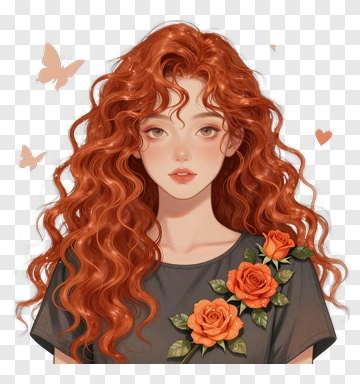 Woman With Curly Red Hair And Orange Roses PNG