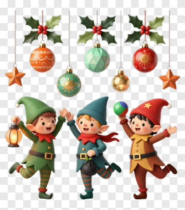 Colorful Christmas Elves Celebrating With Ornaments PNG