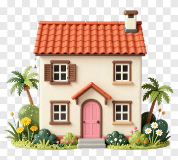 Colorful House Surrounded By Flowers And Palm Trees PNG