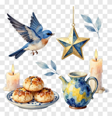 Bluebird With Cookies And Decorative Teapot PNG