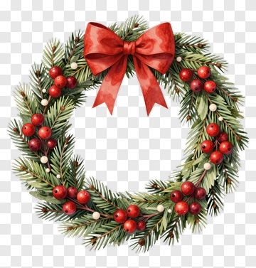 Christmas Wreath With Red Bow And Berries PNG
