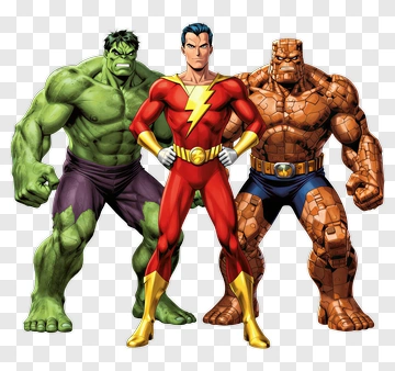 Superheroes Team Of Hulk, Shazam, And Thing PNG