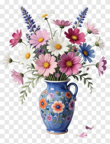 Colorful Flower Bouquet In Blue Vase PNG