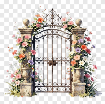 Floral Garden Gate With Decorative Flowers PNG