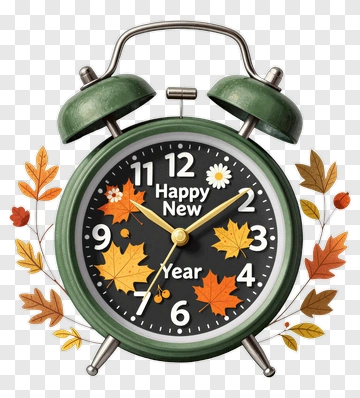 Happy New Year Alarm Clock With Autumn Leaves PNG