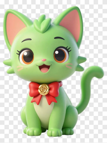 Cartoon Green Cat With Red Bow PNG