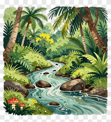 Lush Jungle Stream With Rocks And Palm Trees PNG