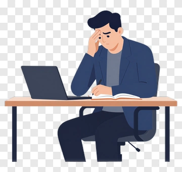 Stressed Man Studying At Desk With Laptop PNG