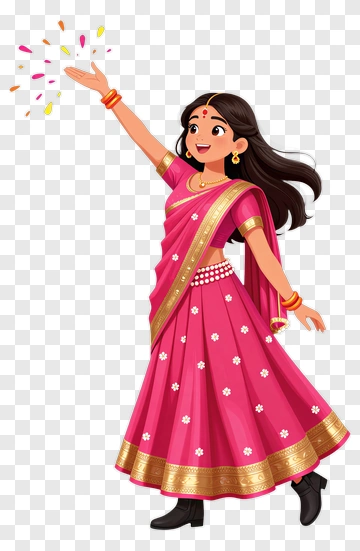 Happy Girl In Pink Traditional Dress Throwing Colorful Confetti PNG