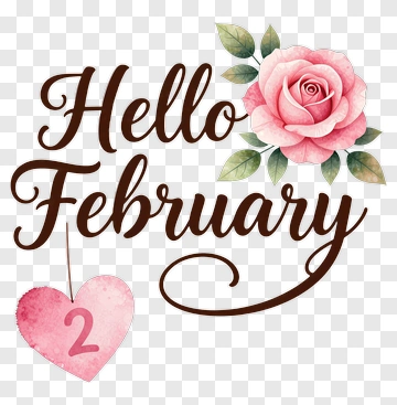 Hello February With Pink Rose And Heart PNG